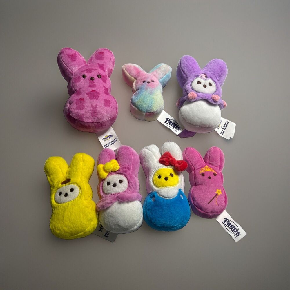 Peeps 4β Easter Bunny Rabbit Plush Yellow Nerdy, Blue Top Hat, Pink Lot Of 7